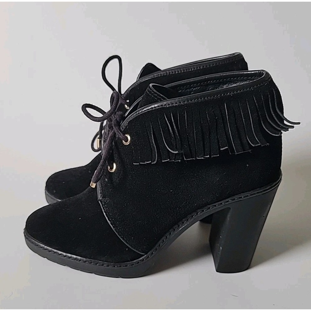 Tory Burch Hillary Fringed Suede Shearling Lace‎ Up Heeled Ankle Boots 8M Boho